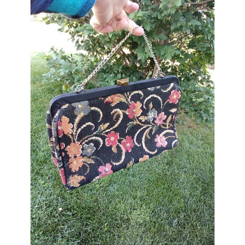 Vintage Kadin Tapestry Black Floral Purse Handbag Multicolor Flip Latch USA MCM
